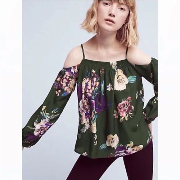 ANTHROPOLOGIE MAEVE Tallie Green Silk Floral Cold Shoulder‎ Top sizE XS - Picture 1 of 11